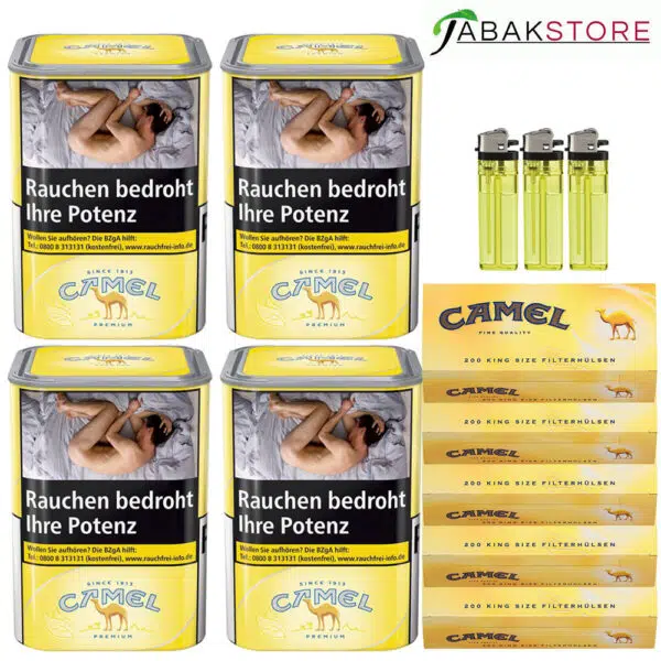 Camel-Zigarettentabak-mit-1000-Camel-Hülsen-und-drei-Feuerzeugen