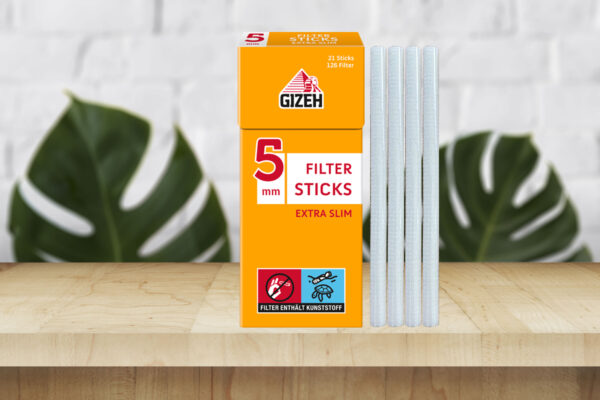 Gizeh Filter Sticks Extra Slim 5mm auf einem Tisch