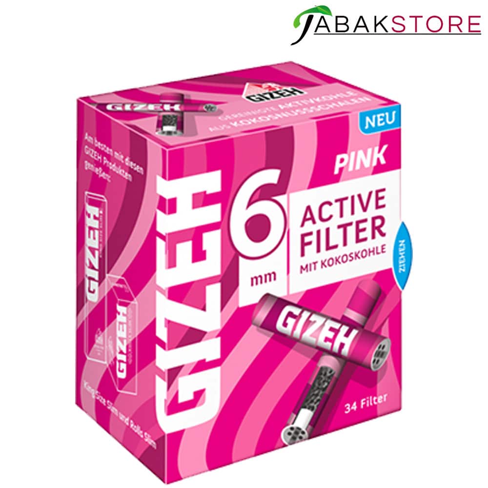 Gizeh Active Tabakstore | mit Pink | | 6mm Kokoskohle 34 Stk. Filter