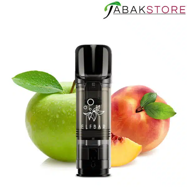 Elfa-Pods-Apple-Peach-20mg-mit-Früchten-im-Hintergrund