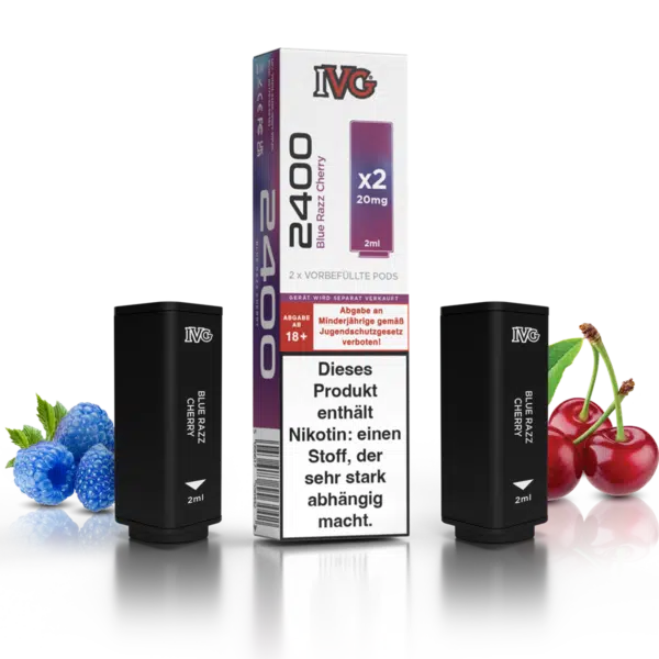 IVG 2400 Blue Razz Cherry Pods mit Box und früchten