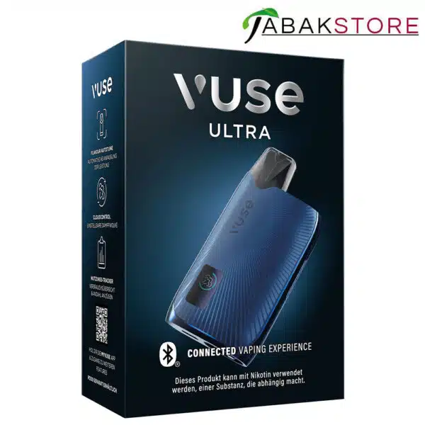 Vuse-Ultra-Device-Blau-in-der-Verpackung-von-Rechts