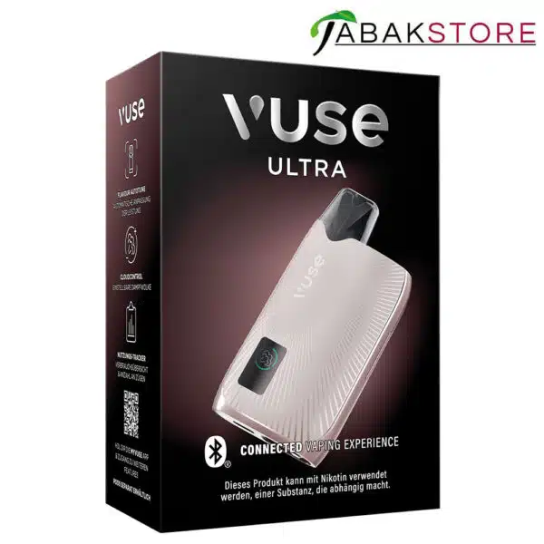 Vuse-Ultra-Device-Pearl-Rose-in-der-Verpackung-von-Rechts