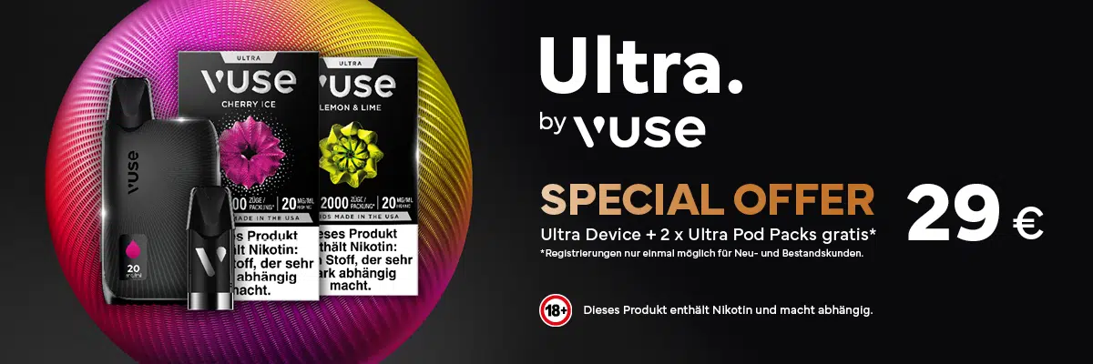 Vuse Ultra Device Offer mit Pods Banner